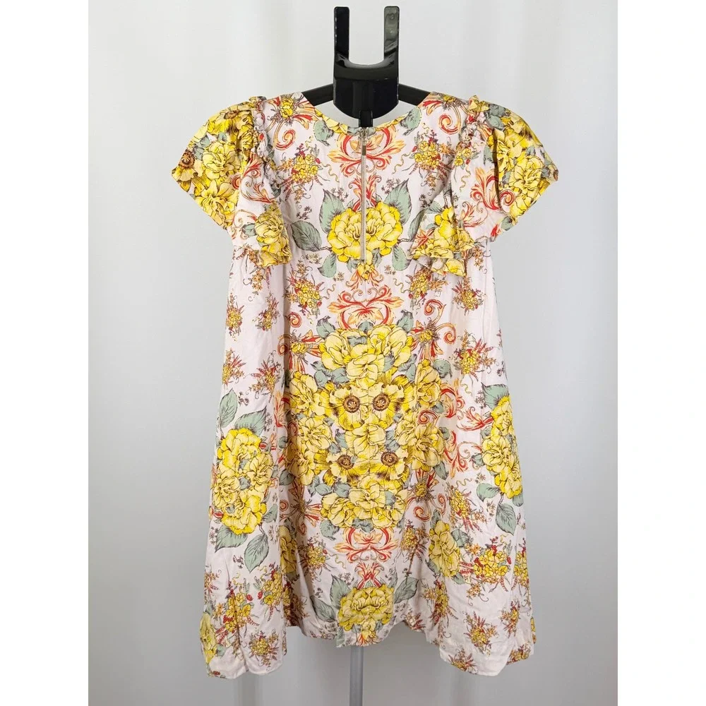 Free People Yellow Floral Ruffle Flutter Sleeve Mini Dress Small